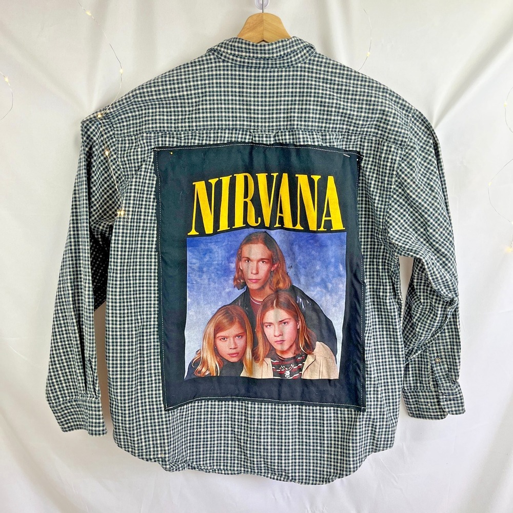 UPCYCLED Mens Plaid Shirt XL Long Sleeve Nirvana Hanson Skater Patch Punk Grunge
